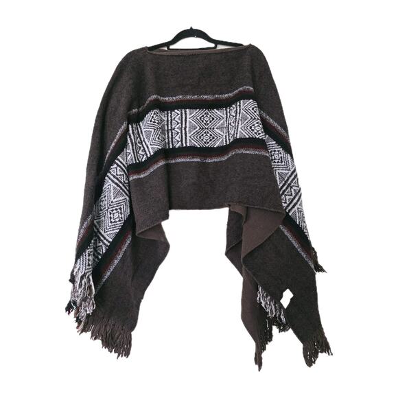 Vintage Virgin Wool Blanket Poncho OS Western Aztec Fringe Boho Brown Shawl Wrap - Picture 1 of 8